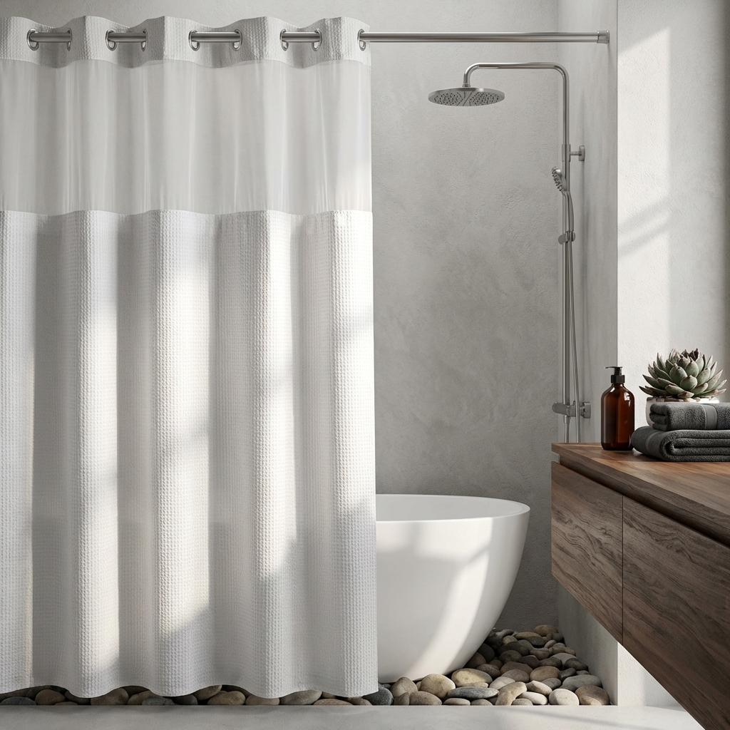 The Cloud Curtain - Luxury Hookless Shower Curtain with Snap-In Washable Fabric Liner